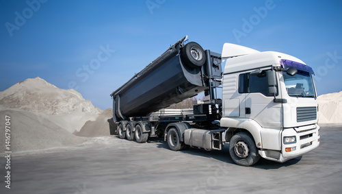 Bild auf Leinwand A large dump truck is driving down a dirt road