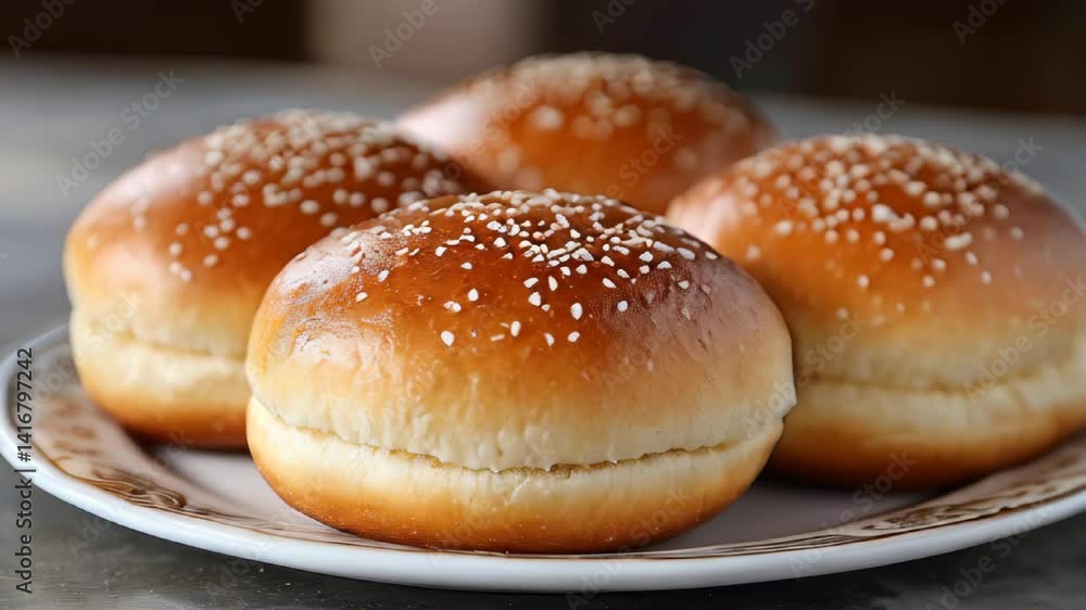 Soft and fluffy buns topped with sesame seeds are displayed on a decorative plate, showcasing their golden color and inviting texture. Ideal for sandwiches or snacks. Soft and fluffy buns topped with sesame seeds are displayed on a decorative plate, showcasing their golden color and inviting texture. Ideal for sandwiches or snacks.