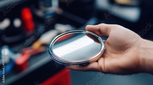 Hand holds a circular automotive inspection mirror.