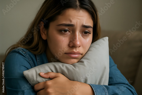 Young Woman Crying Alone While Hugging Pillow in Emotional Distress