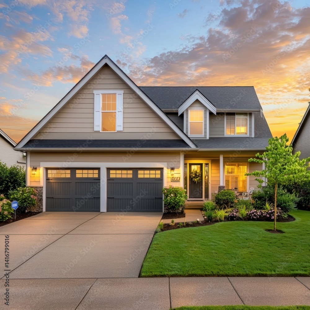 Home at dusk. Two-story house with double garage, lawn, garden. Golden hour sky Home at dusk. Two-story house with double garage, lawn, garden. Golden hour sky