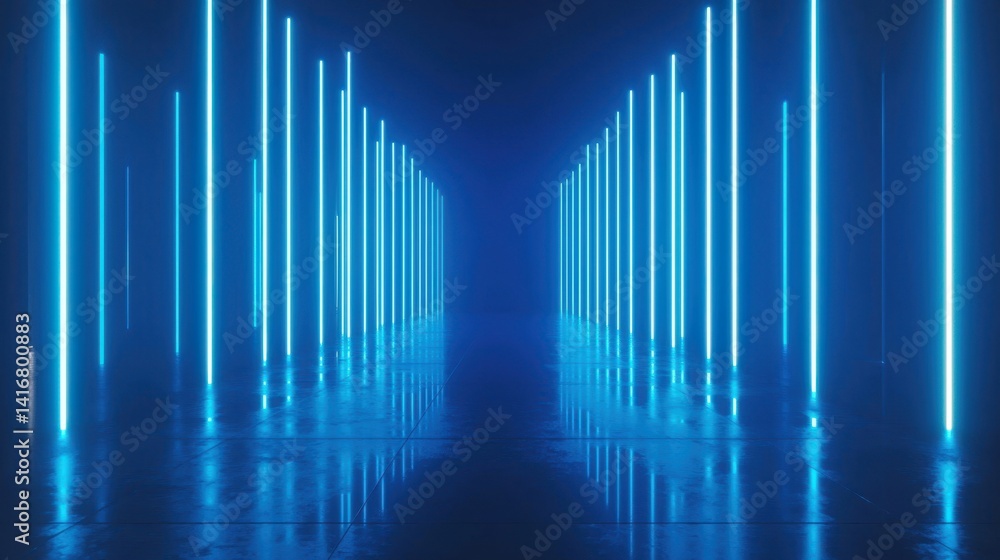 Obraz premium Neon blue lines illuminate a dark, reflective corridor. Futuristic design