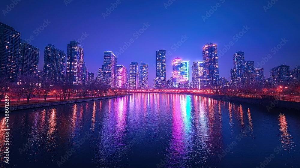 Fototapeta premium Neon lights dance in the urban night, a vibrant symphony of colors and reflections