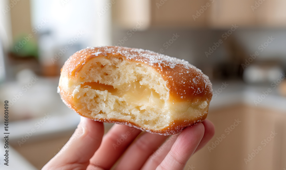 a sugar-dusted bomboloni being pulled gently in half, Generative AI a sugar-dusted bomboloni being pulled gently in half, Generative AI