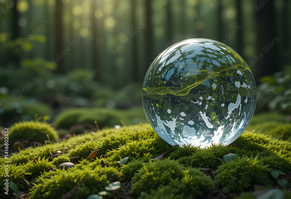 Crystal Earth Globe on Forest Moss - Eco Concept Crystal Earth Globe on Forest Moss - Eco Concept