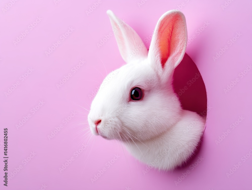 Fototapeta premium A fluffy white rabbit peeks through a pink cutout, creating a playful and whimsical portrait against a vibrant pink background