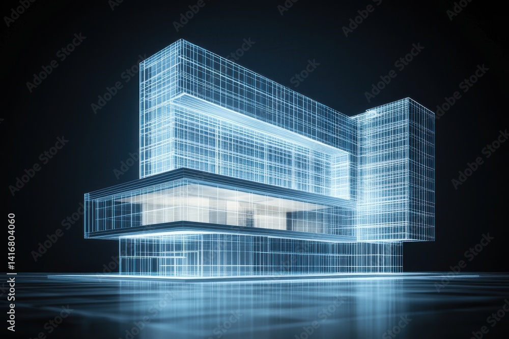Architectural wireframe rendering. Detailed building framework with glowing blue outlines Architectural wireframe rendering. Detailed building framework with glowing blue outlines