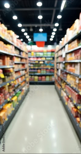 Blurred grocery aisle in supermarket with shelves full of colorful packaged products, bright lighting and wide clean floor, banner layout, retail and holiday promotions. vertical video 4K