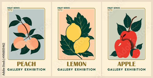 Set of abstract Fruit Market retro posters. Trendy kitchen gallery wall art with peach, lemon, apple. Modern naive groovy interior paintings. Vector art illustration