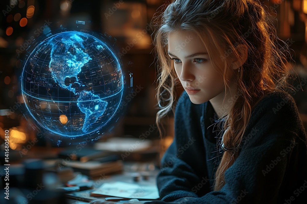 Fototapeta premium Young woman focused on a holographic world map.