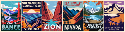 A collection of posters featuring various national parks and mountain ranges. The postcards are arranged in a grid and include Banff, Zion, Death Valley
