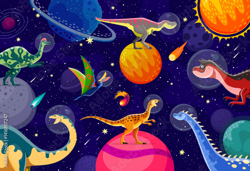Dinosaur astronaut characters on alien space planets in galaxy, cartoon vector background. Funny prehistoric lizards in outer space, Jurassic dinosaur spaceman and lizard astronaut with planets in sky