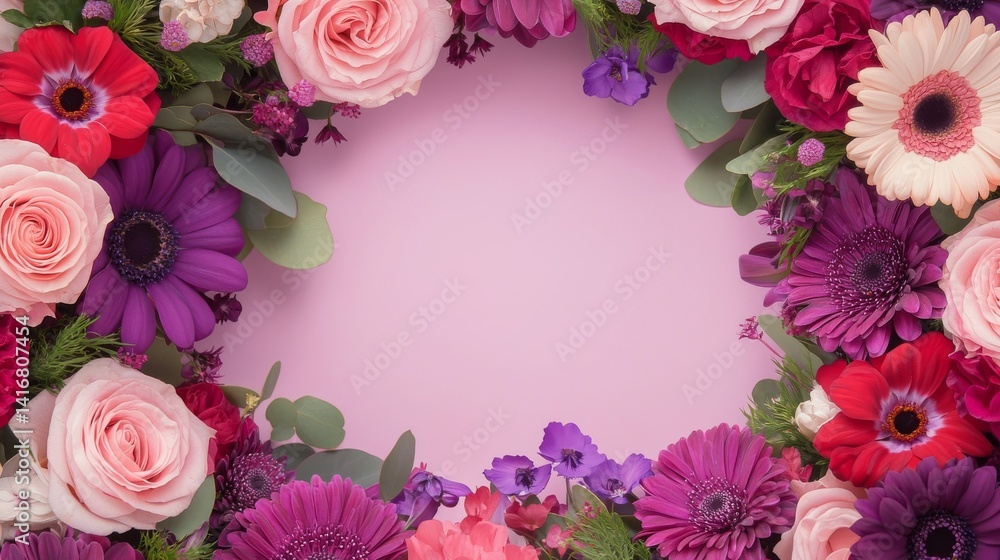 Fototapeta premium Elegant Funeral Wreath with Dark Purple and Pink Flowers on Soft Pink Background