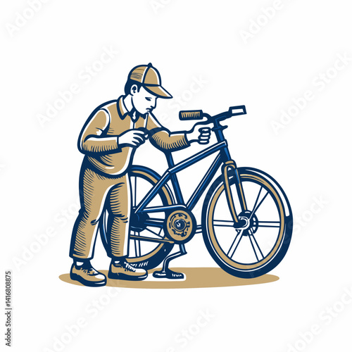 Hand drawn a person fixing a bicycle image. Flat image isolated on white background. Vector illustration.