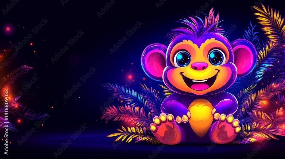 Enchanting cartoon primate character with vibrant colors and dynamic lighting against dark backdrop featuring whimsical decorative elements for playful designs Enchanting cartoon primate character with vibrant colors and dynamic lighting against dark backdrop featuring whimsical decorative elements for playful designs