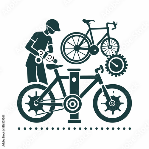 A person fixing a bicycle image. Simple flat illustration on a white background. Vector graphic.