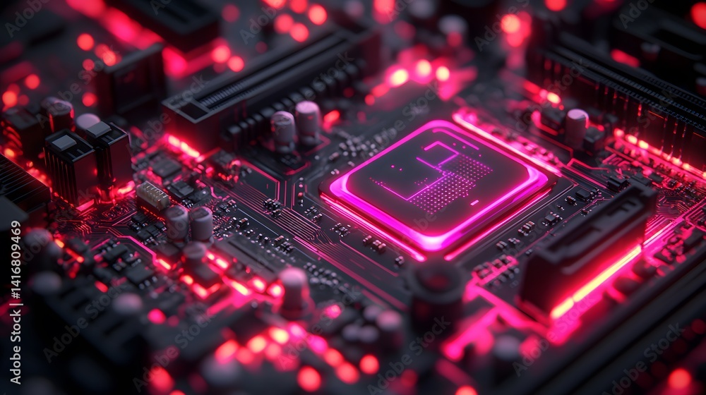 Close-up view of a glowing computer motherboard.