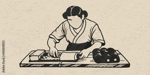 A person making a sushi roll monochrome vintage image. Flat vector illustration.