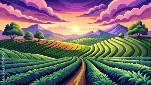 Rows of tea like velvet waves,
Stretching under skies so wide,
A breeze moves gently through the fields,
Where peace and beauty softly hide.

