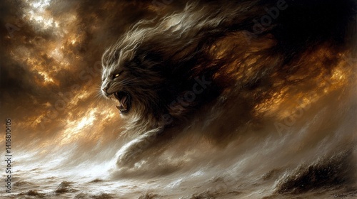 Epic lion creature emerging from smoke and fire bringing chaos and destruction to the ashen landscape a dramatic fantasy illustration art style