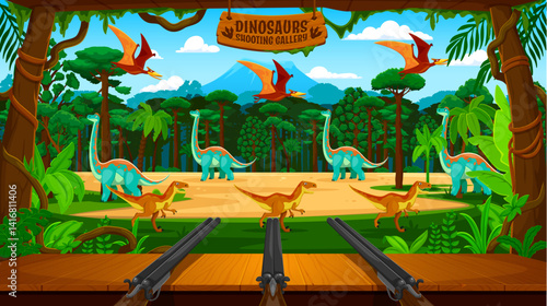 Dinosaurs shooting gallery, carnival shoot game, amusement park shooting range. Vector hunting game with Brachiosaurus, Velociraptors, Pterosaurs dino animals in jungle, two shotguns aimed at targets