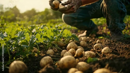 a farmer collects potatoes on the plot. Selective focus
