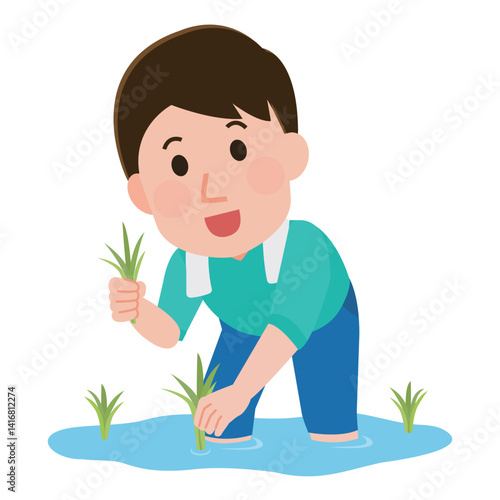 田植え体験をする若い男性　イラスト