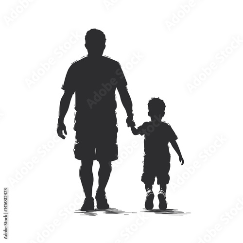 silhouette illustration of a father walking hand-in-hand with two young children. Represents family, fatherhood, childhood, togetherness, and a tender moment.