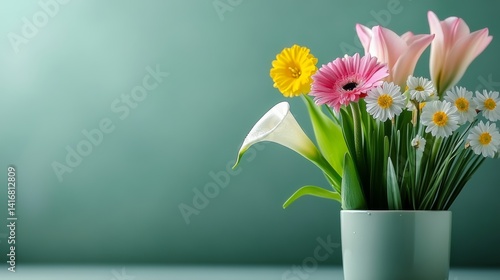 Wallpaper Mural Vase of flowers sits on a table. The flowers are a mix of pink and yellow, with a few white flowers mixed in Torontodigital.ca