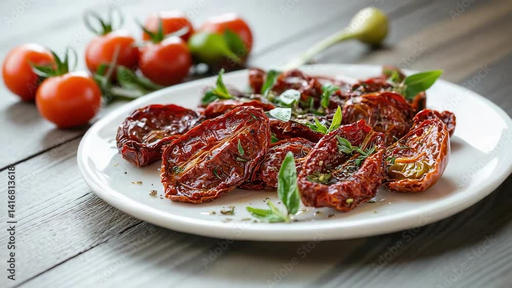 sun-dried tomatoes in a white plate. Selective focus sun-dried tomatoes in a white plate. Selective focus