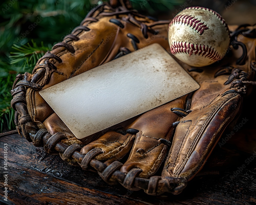 Vintage baseball glove and ball with blank gift card for Father s Day