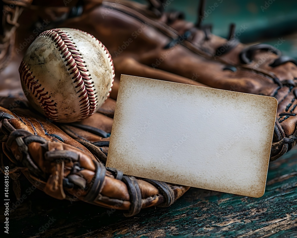 Blank gift card resting on a well worn baseball glove with a ball