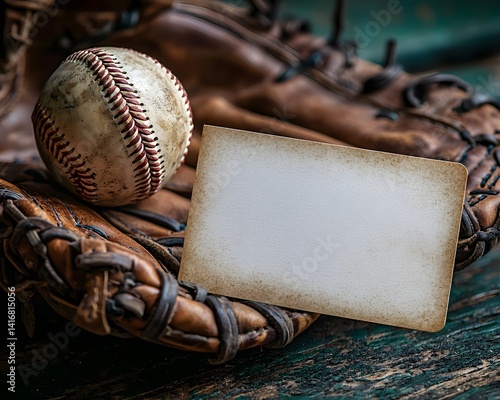 Obraz na płótnie Blank gift card resting on a well worn baseball glove with a ball w salonie