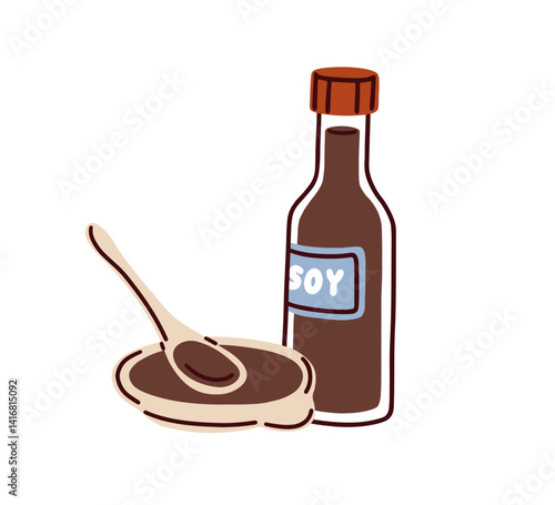 Soy sauce bottle and bowl with spoon. Traditional Asian condiment for Japanes...