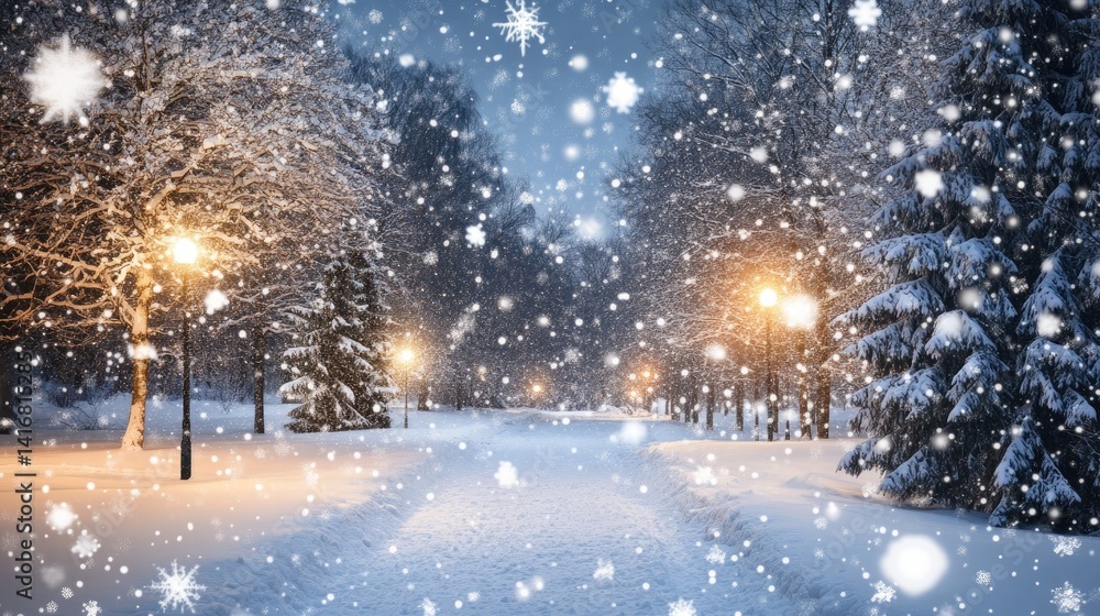 Naklejka premium Enchanted Winter Park, A serene snow-covered path illuminated by soft light