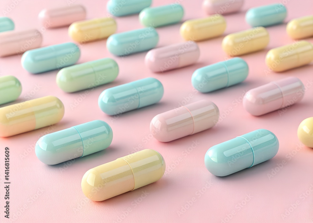 Pastel-Hued Pill Capsules in 3D with Simple Design and Soft Pink Background, Ideal for Health Themes Pastel-Hued Pill Capsules in 3D with Simple Design and Soft Pink Background, Ideal for Health Themes