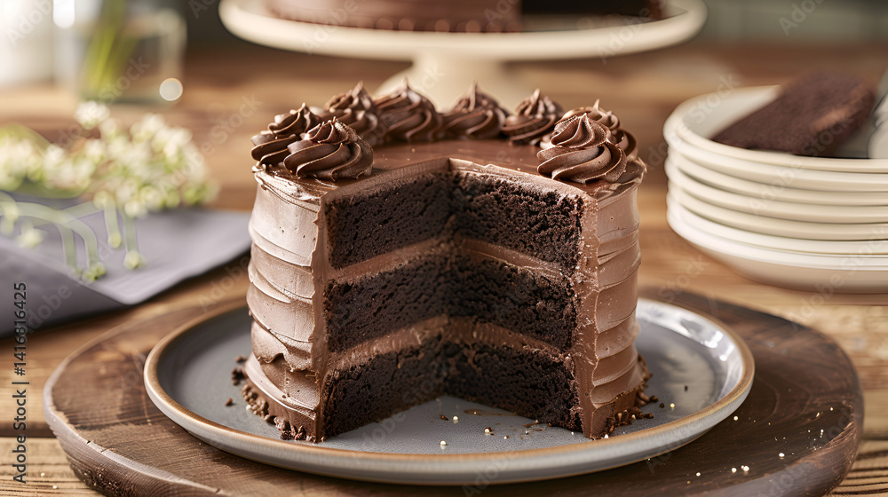 Close up of a three layer chocolate cake with chocolate frosting and a slice missing on a plate
