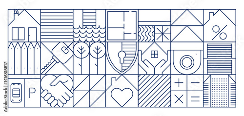 Real estate abstract geometric pattern, featuring home elements in square linear frames. House, key, blueprint, handshake, heart and fence, and mortgage symbols like percentage, plus and minus signs