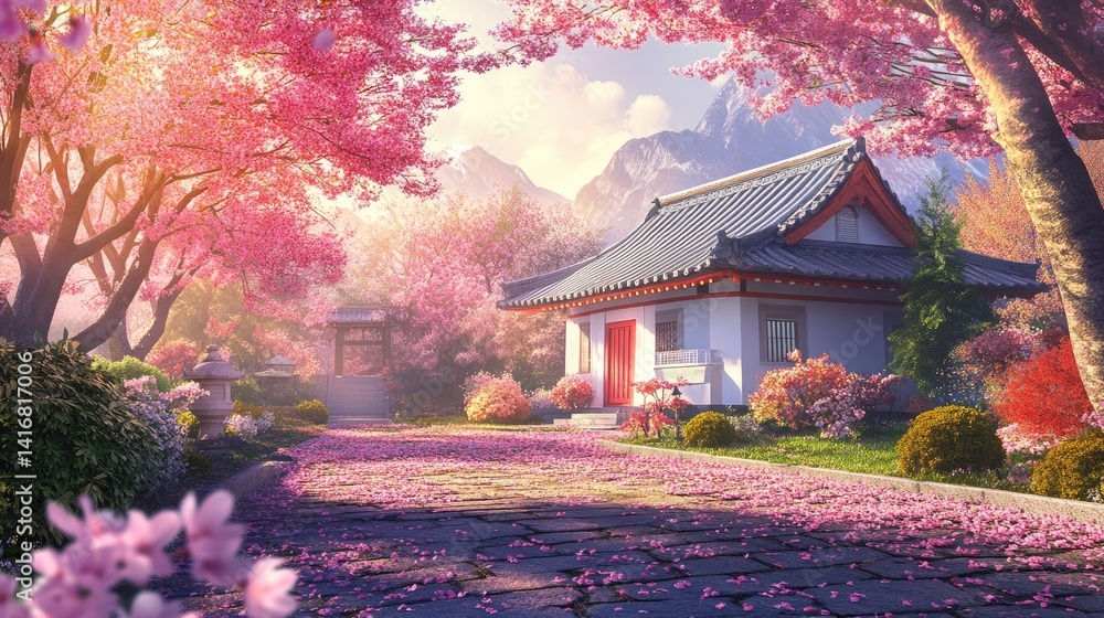 Serene japanese temple garden adorned with blooming cherry blossoms Serene japanese temple garden adorned with blooming cherry blossoms