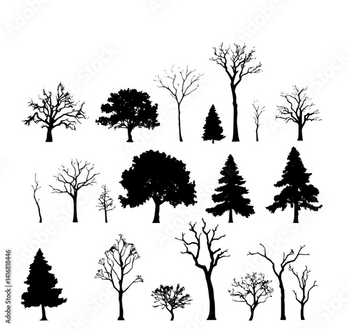 Tree Silhouettes: A stark monochrome illustration depicts a collection of diverse tree forms, showcasing various heights, shapes, and states of leafiness against a white background.
