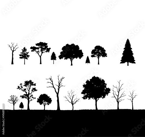 Forest Silhouette Collection: A stark monochrome illustration depicts a variety of tree silhouettes, showcasing diverse shapes and sizes against a white background.