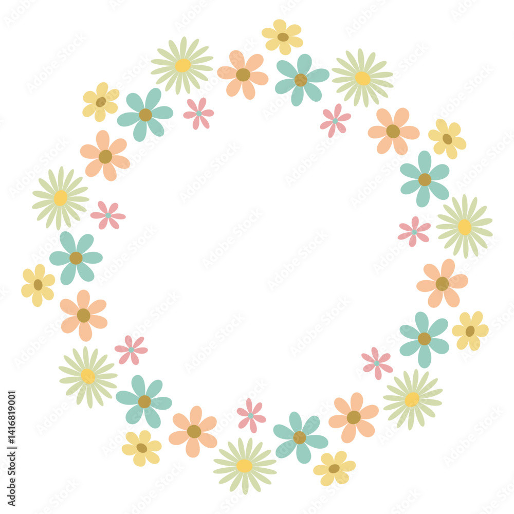 Circular floral Wreath with flowers. Drawing of round frame for childish greeting cards, wedding invitations. Botanical Wreath for cards, designs, invitations, logos Circular floral Wreath with flowers. Drawing of round frame for childish greeting cards, wedding invitations. Botanical Wreath for cards, designs, invitations, logos