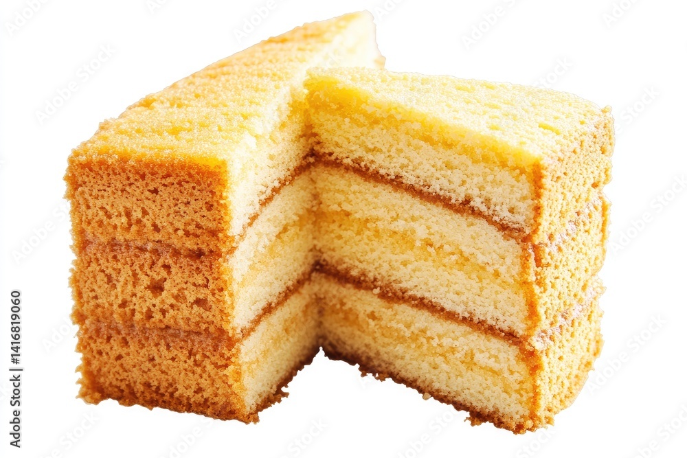 Three-layered sponge cake, cut to show fluffy texture Three-layered sponge cake, cut to show fluffy texture
