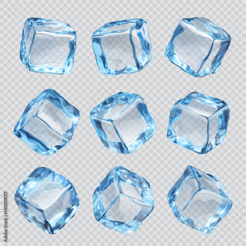 Isolated ice cubes. Realistic crystal ice blocks on transparent background. 3d vector set of blue glass, icy pieces for drink cooling, clean square blocks, frozen water for drink or cocktail beverages