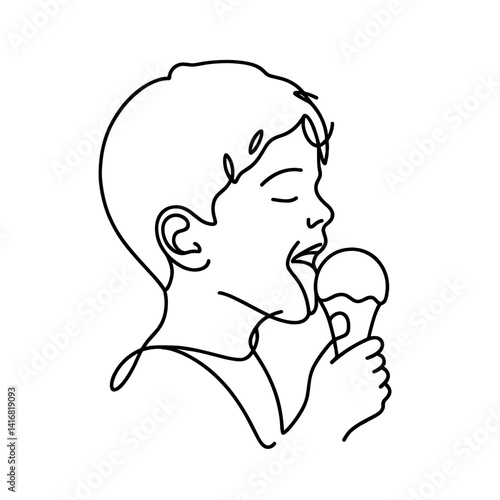 Boy eating ice cream in one line vector drawing