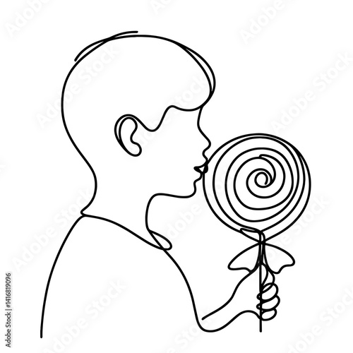 Boy licking lollipop in minimalist line art