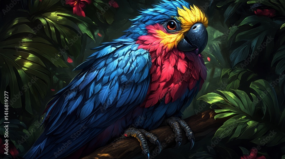 Obraz premium Exotic plumage parrot perched on branch amidst verdant foliage captivating illustration showcasing vibrant colors and intricate details within nature's embrace