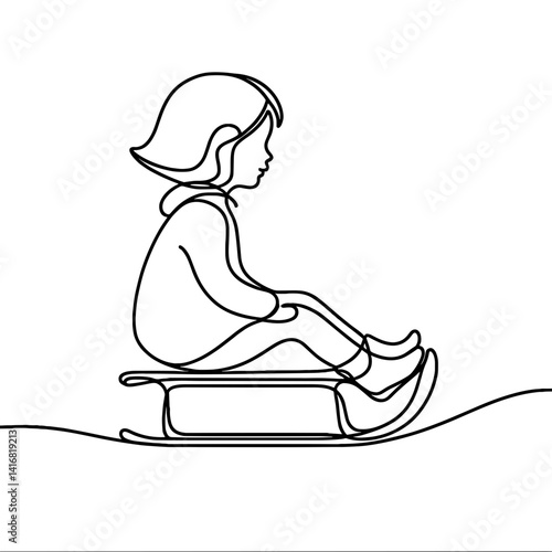Girl sledding in winter in one line drawing style