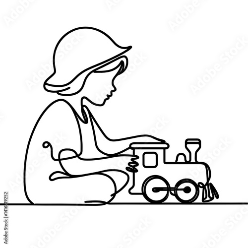 Child playing with toy train in one line style