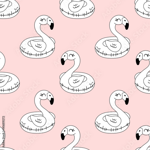 Flamingo float seamless pattern in line art for coloring